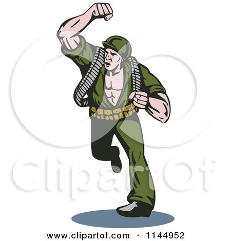 Clipart of an Army Soldier Running and Punching - Royalty Free Vector Illustration by patrimonio