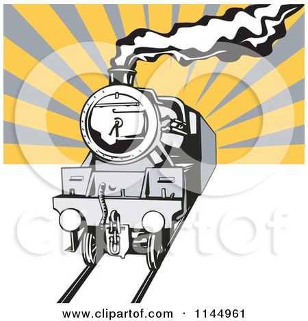 Clipart of a Retro Steam Engine Train over Rays - Royalty Free Vector Illustration by patrimonio