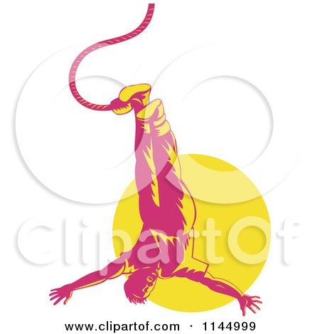 Clipart of a Retro Pink Bungee Jumper over a Yellow Circle - Royalty Free Vector Illustration by patrimonio