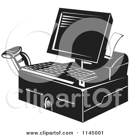 Clipart of a Retro Black and White Retail Merchant Cash Register and Checkout System - Royalty Free Vector Illustration by patrimonio