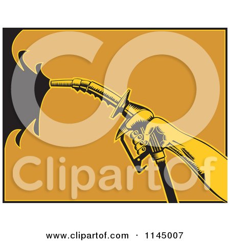 Clipart of a Retro Hand Spraying Gasoline with a Nozzle - Royalty Free Vector Illustration by patrimonio