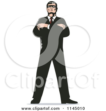 Clipart of a Retro Secret Agent Standing with Folded Arms - Royalty Free Vector Illustration by patrimonio