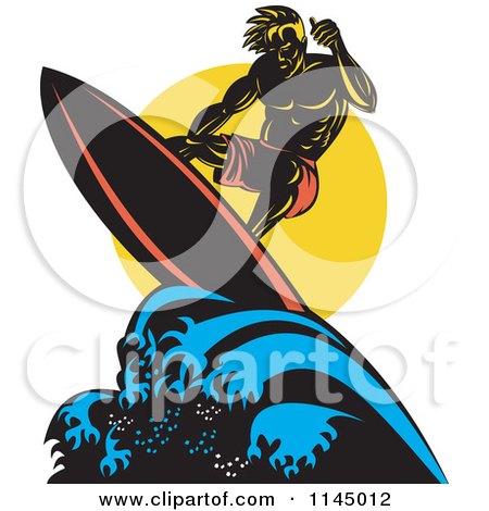 Clipart of a Retro Muscular Surfer Dude Riding a Wave - Royalty Free Vector Illustration by patrimonio