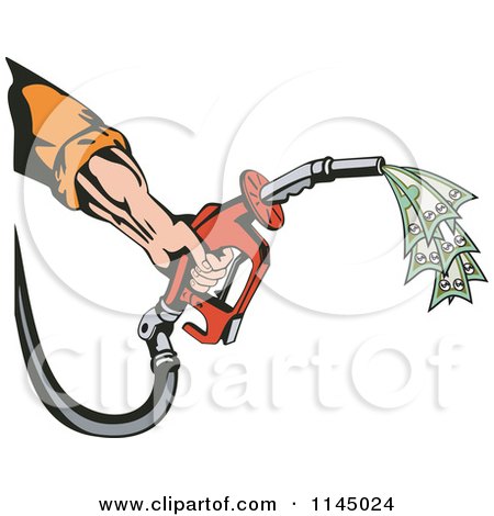 Clipart of a Retro Mans Hand Holding a Gas Fuel Nozzle Spewing Cash - Royalty Free Vector Illustration by patrimonio