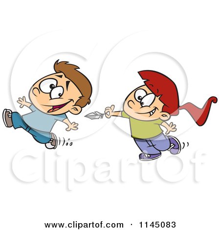 Cartoon of a Girl Chasing a Boy to Tickle Him with a Feather - Royalty Free Vector Clipart by toonaday