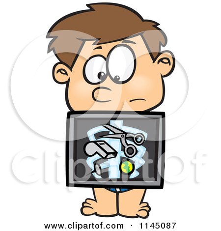 Cartoon of a Boy with an Xray Showing Swallowed Items - Royalty Free Vector Clipart by toonaday