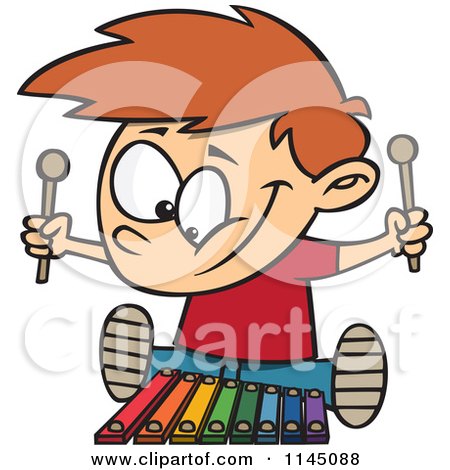 Cartoon of a Happy Boy Playing a Xylophone - Royalty Free Vector Clipart by toonaday