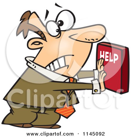 Cartoon of a Frantic Businessman Pushing a Help Button - Royalty Free Vector Clipart by toonaday