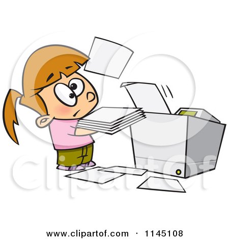 Cartoon of a Little Girl Trying to Use a Copier Machine - Royalty Free Vector Clipart by toonaday