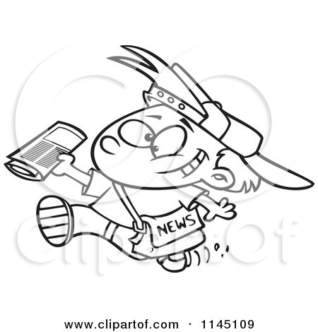 Cartoon Clipart Of A Black And White Happy Paperboy Holding a Newspaper - Vector Outlined Coloring Page by toonaday