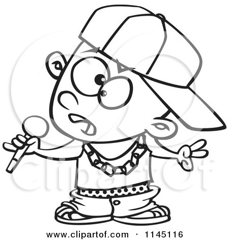 Cartoon Clipart Of A Black And White Black Boy Rapper Musician Holding a Microphone - Vector Outlined Coloring Page by toonaday