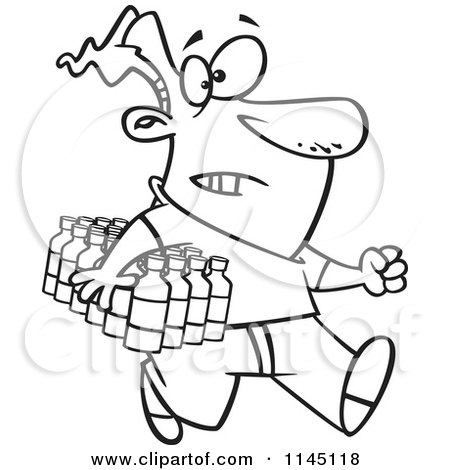 Cartoon Clipart Of A Black And White Man Carrying a Flat of Bottled Water - Vector Outlined Coloring Page by toonaday