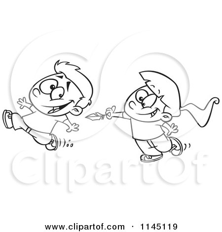 Cartoon Clipart Of A Black And White Girl Chasing a Boy to Tickle Him with a Feather - Vector Outlined Coloring Page by toonaday