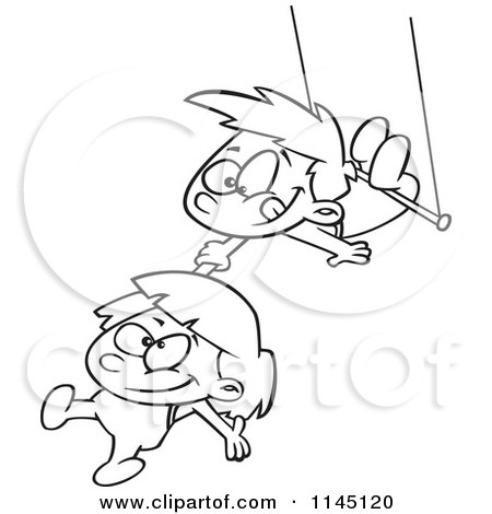 Cartoon Clipart Of A Black And White Boy and Girl on a Trapeze - Vector Outlined Coloring Page by toonaday