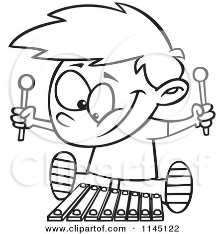 Cartoon Clipart Of A Black And White Happy Boy Playing a Xylophone - Vector Outlined Coloring Page by toonaday