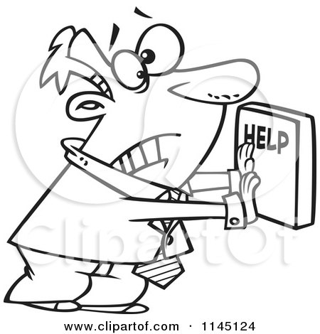 Cartoon Clipart Of A Black And White Frantic Businessman Pushing a Help Button - Vector Outlined Coloring Page by toonaday