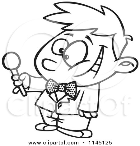 Cartoon Clipart Of An Interviewing Boy Holding out a Microphone - Vector Outlined Coloring Page by toonaday