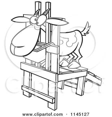 Cartoon Clipart Of A Black And White Goat in a Milk Stand - Vector Outlined Coloring Page by toonaday