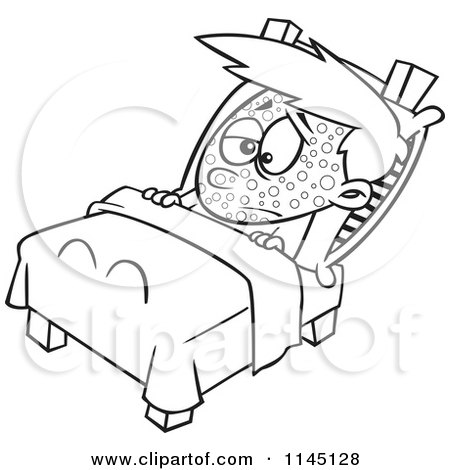 Cartoon Clipart Of A Black And White Boy Sick with Measles Resting in Bed - Vector Outlined Coloring Page by toonaday