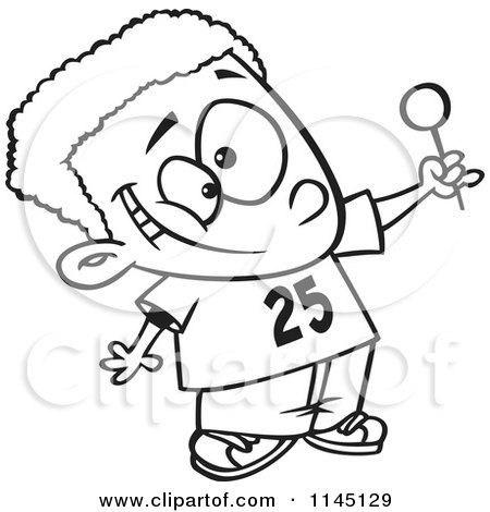 Cartoon Clipart Of A Black And White Happy Black Boy Holding up a Lollipop - Vector Outlined Coloring Page by toonaday