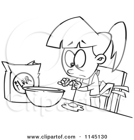 Cartoon Clipart Of A Black And White Girl Making Dough - Vector Outlined Coloring Page by toonaday