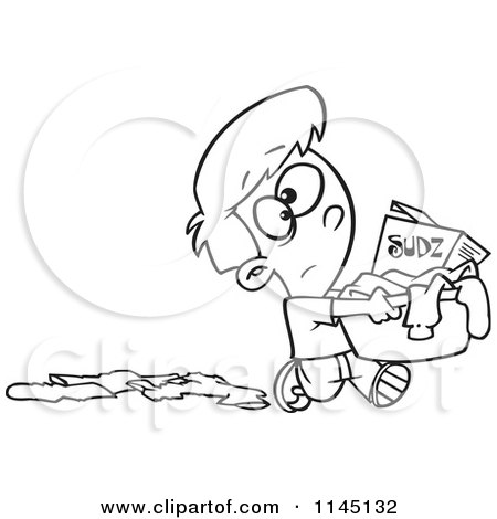 Cartoon Clipart Of A Black And White Boy Dropping Clothes and Carrying a Laundry Basket with Detergent - Vector Outlined Coloring Page by toonaday