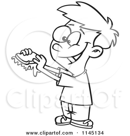 Cartoon Clipart Of A Black And White Happy Boy with a Messy Jam Sandwich - Vector Outlined Coloring Page by toonaday