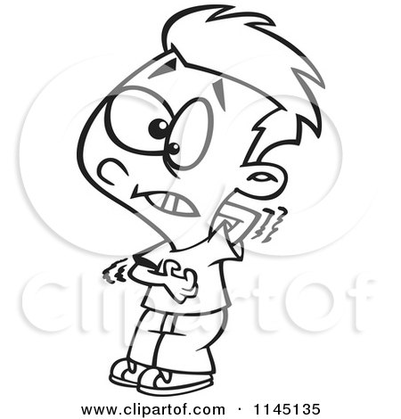 Cartoon Clipart Of A Black And White Itchy Boy Scratching His Chest and Back - Vector Outlined Coloring Page by toonaday