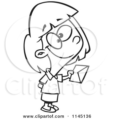 Cartoon Clipart Of A Black And White Sweet Girl Holding out an Invitation - Vector Outlined Coloring Page by toonaday