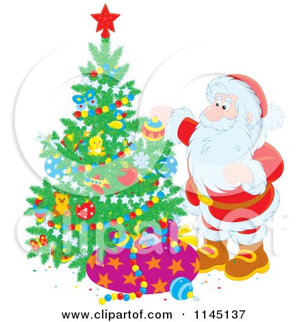 Cartoon of Santa Decorating a Christmas Tree - Royalty Free Vector Clipart by Alex Bannykh
