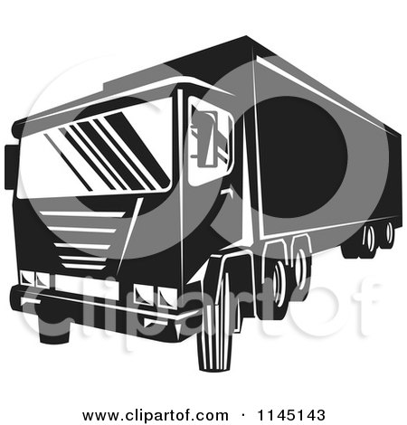 Clipart of a Retro Black and White Big Rig Truck 2 - Royalty Free Vector Illustration by patrimonio