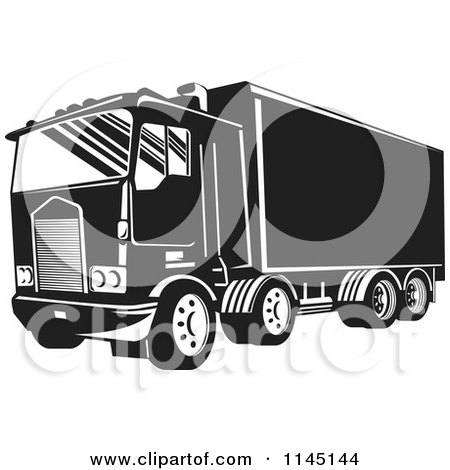 Clipart of a Retro Black and White Big Rig Truck 3 - Royalty Free Vector Illustration by patrimonio