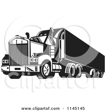 Clipart of a Retro Black and White Big Rig Truck 6 - Royalty Free Vector Illustration by patrimonio