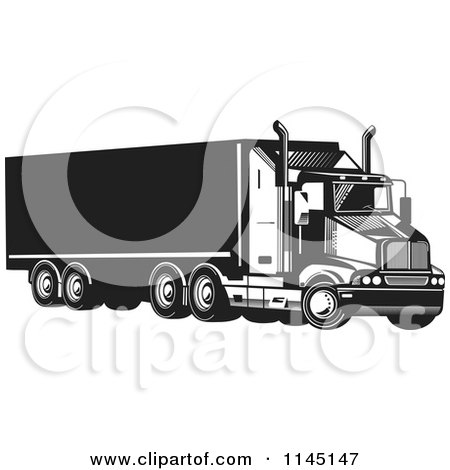 Clipart of a Retro Black and White Big Rig Truck 5 - Royalty Free Vector Illustration by patrimonio