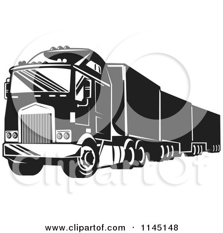 Clipart of a Retro Black and White Big Rig Truck 1 - Royalty Free Vector Illustration by patrimonio