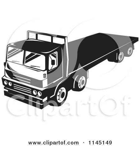 Clipart of a Retro Black and White Big Rig Truck with a Flat Bed - Royalty Free Vector Illustration by patrimonio