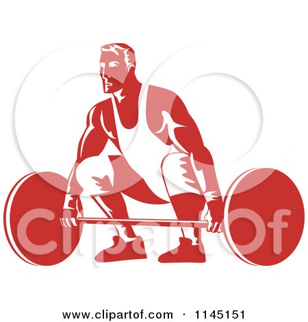 Clipart of a Retro Red Bodybuilder Lifting a Barbell - Royalty Free Vector Illustration by patrimonio