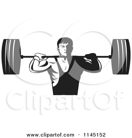 Clipart of a Retro Black and White Bodybuilder Lifting a Barbell - Royalty Free Vector Illustration by patrimonio