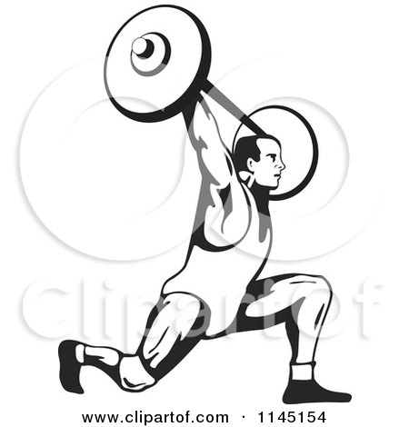 Clipart of a Retro Black and White Bodybuilder Doing Lunges with a Barbell - Royalty Free Vector Illustration by patrimonio