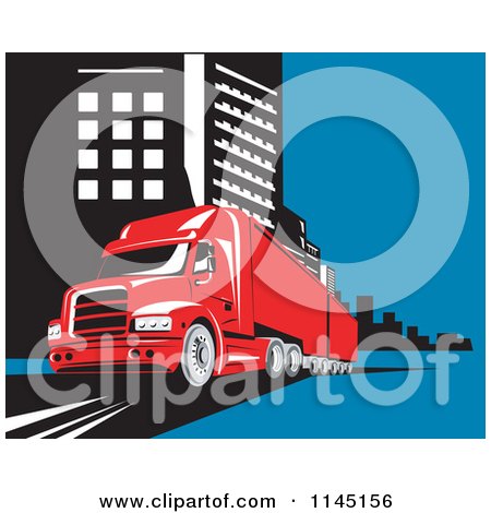 Clipart of a Retro Red Big Rig Truck in a City - Royalty Free Vector Illustration by patrimonio