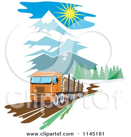 Clipart of a Retro Big Rig Logging Truck in the Mountains - Royalty Free Vector Illustration by patrimonio
