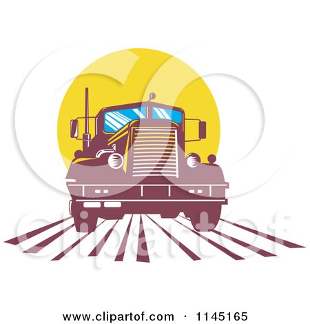 Clipart of a Retro Big Rig Truck Against a Yellow Sun - Royalty Free Vector Illustration by patrimonio
