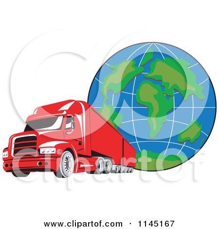 Clipart of a Retro Red Big Rig Truck and Globe 2 - Royalty Free Vector Illustration by patrimonio