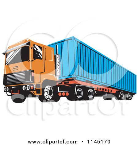 Clipart of a Retro Orange Big Rig Truck - Royalty Free Vector Illustration by patrimonio