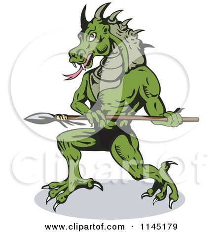Clipart of a Dragon Villain Holding a Spear - Royalty Free Vector Illustration by patrimonio