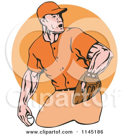 Clipart of a Retro Baseball Pitcher over an Orange Circle - Royalty Free Vector Illustration by patrimonio