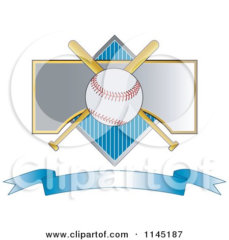 Clipart of a Baseball over Crossed Bats a Diamond and Blue Banner - Royalty Free Vector Illustration by patrimonio
