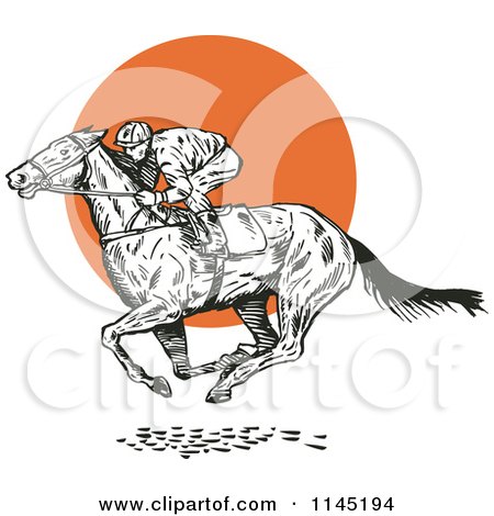 Clipart of a Black and White Derby Horse Race Jockey over an Orange Circle - Royalty Free Vector Illustration by patrimonio