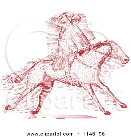 Clipart of a Red Engraved Derby Horse Race Jockey - Royalty Free Vector Illustration by patrimonio