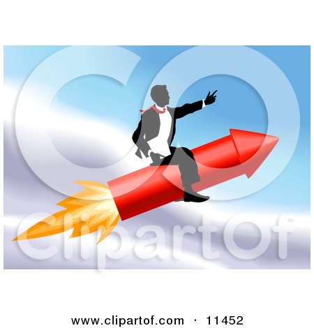 Successful Businessman Riding a Rocket Through the Sky Clipart Illustration by AtStockIllustration